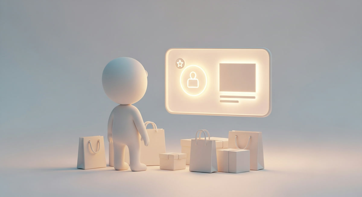 White clay character viewing a glowing product listing panel with a member star badge surrounded by shopping bags