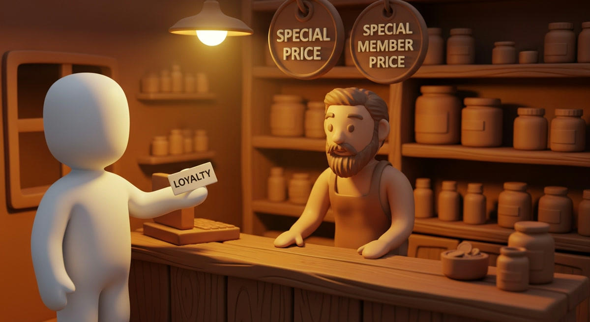 White clay character presenting a loyalty card to a shopkeeper in a warm clay shop diorama